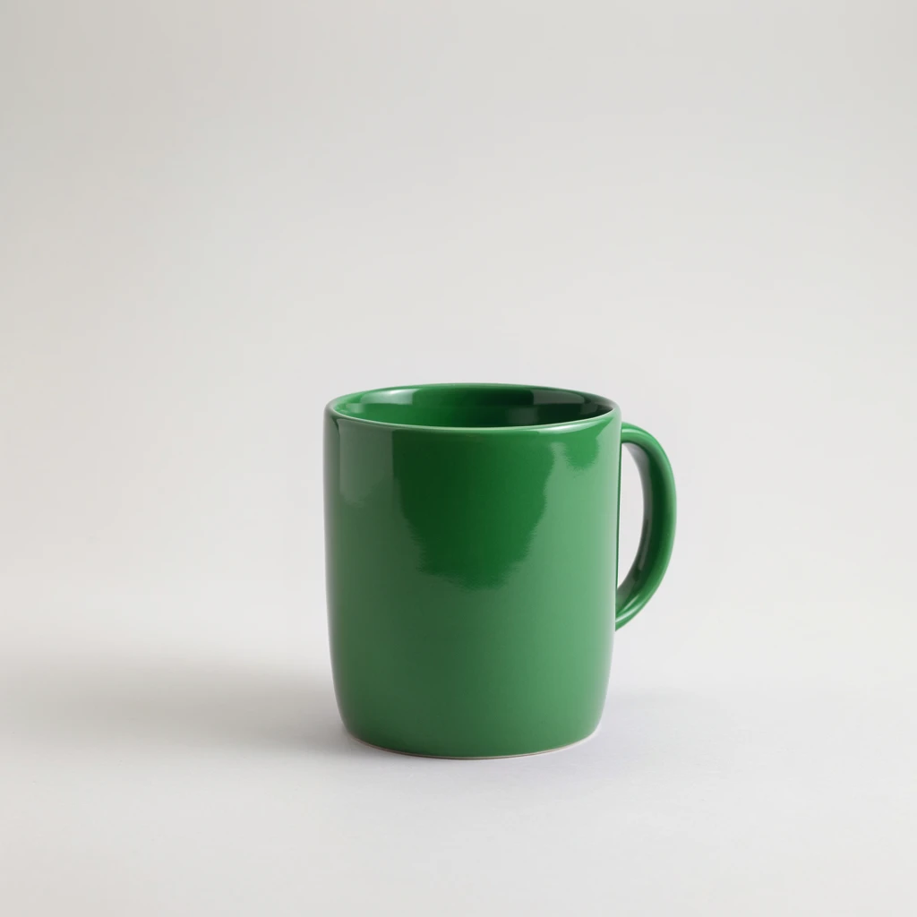 Studio result: the same cobalt-blue ceramic cup precisely edited to green